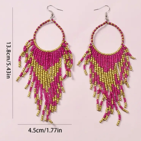 2/$40 NEW Western Purple,Red Gold Beaded Fringe Preppy Hippie Earrings-(#0110) - Picture 4 of 6